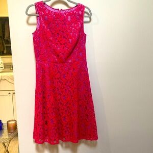 Adrianna Papell lace dress in hot pink with purple lining!